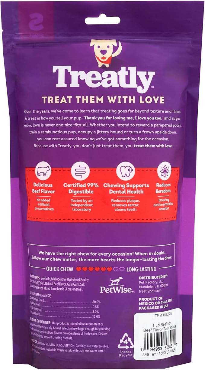 Beefhide Twist Sticks 5" Dog Chew Treats - Beef Flavor, 1 lb/1 Pack