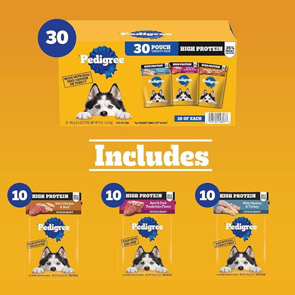 Pedigree High Protein Adult Soft Wet Dog Food Variety Pack, 3.5 oz Pouches, 30 Count