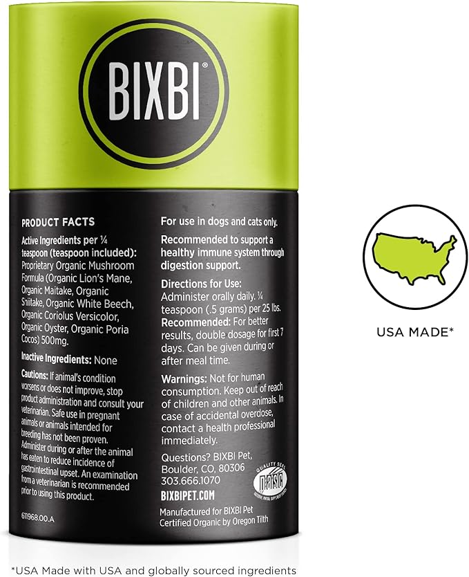 BIXBI Dog & Cat Clean Digestion Support, 2.12 oz (60 g) - All Natural Organic Pet Superfood - Daily Mushroom Powder Supplement - USA Grown & USA Made - Veterinarian Recommended for Dogs & Cats