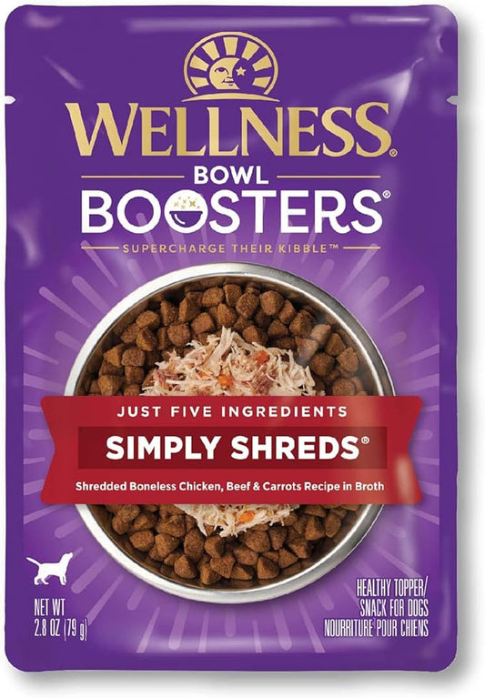 Wellness Bowl Boosters Simply Shreds Natural Grain Free Wet Dog Food Mixer or Topper, Chicken, Beef & Carrots, 2.8-Ounce Pouch(Pack of 12)