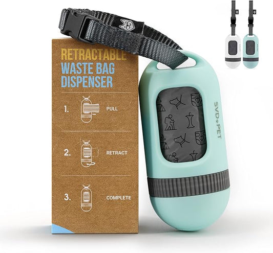 SVD.PET Dog Poop Bag Dispenser, Retractable Waste Bag Fits Any Dog Leash, Compostable Waste Bags, Poop Bag Holder, Dog Walking Accessory (Misty Jade)