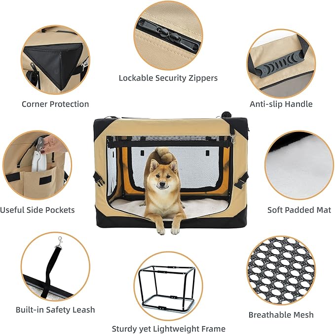 20 Inch Collapsible Dog Crate for Small Dogs, 4-Door Foldable Soft Dog Kennel with Chew Proof Mesh Windows, Indoor & Outdoor Travel Dog Crate, Soft Side Dog Crate,Beige