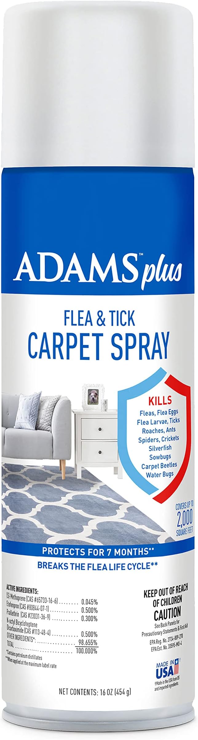 Adams Plus Flea & Tick Carpet Spray, Kills Fleas, Flea Eggs, Flea Larvae, Ticks, Ants, Roaches, Spiders, Waterbugs & Many Other Listed Nuisance Pests In The Carpet, Treats Up to 2,000 Sq Ft, 16 Ounces