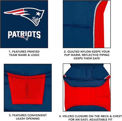 NFL New England Patriots Puffer Vest for Dogs & Cats, Size Large. Warm, Cozy, and Waterproof Dog Coat, for Small and Large Dogs/Cats. Best NFL Licensed PET Warming Sports Jacket
