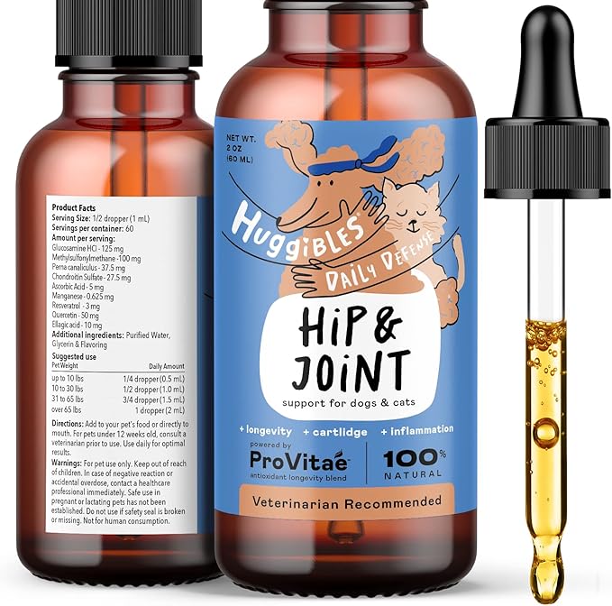 Hip & Joint Support Liquid Supplement for Dogs & Cats – Daily Supplement for Mobility Support with Glucosamine, MSM, Chondroitin – Reduce Pain & Inflammation – Antioxidants for Longevity