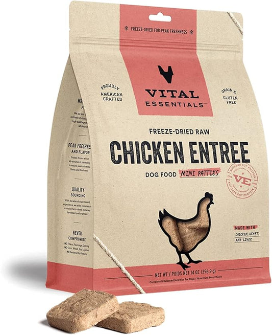 Vital Essentials Freeze Dried Raw Dog Food, Chicken Mini Patties Entree, 14 oz