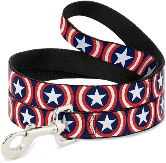 Buckle-Down Pet Leash - Captain America Shield Repeat Navy - 6 Feet Long - 1.5" Wide