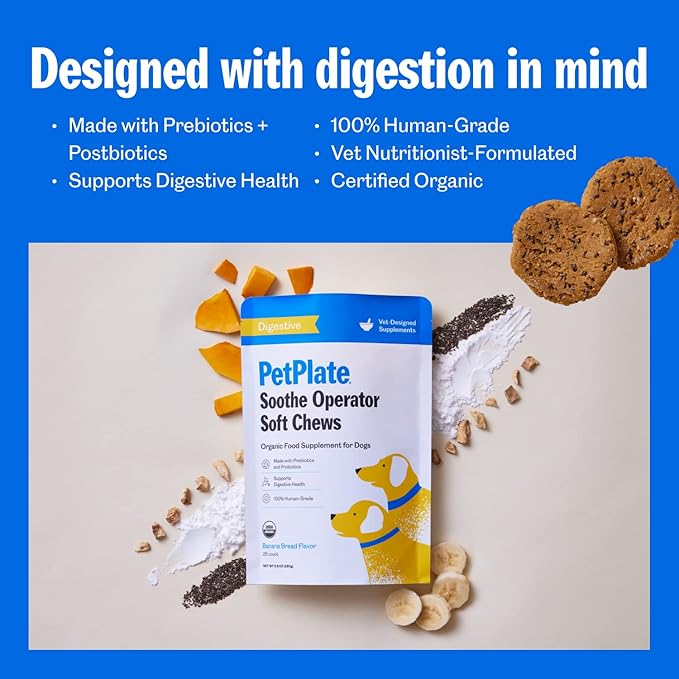 PetPlate Digestive Soft Chews for Dogs, Made with Prebiotics & Probiotics, USDA Organic Supplement, Grain-Free, Human-Grade, Pet Supplies, (Pack of 1, 9.8 Ounce)