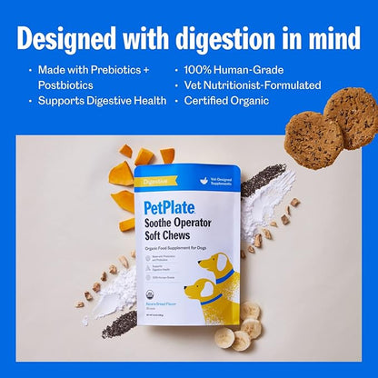 PetPlate Digestive Soft Chews for Dogs, Made with Prebiotics & Probiotics, USDA Organic Supplement, Grain-Free, Human-Grade, Pet Supplies, (Pack of 1, 9.8 Ounce)