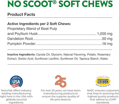 NaturVet - No Scoot for Dogs - 120 Soft Chews - Plus Pumpkin - Supports Healthy Anal Gland & Bowel Function - Enhanced with Beet Pulp & Psyllium Husk