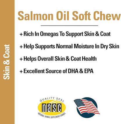 Vet Classics Salmon Oil Pet Supplement for Healthy Skin, Glossy Coats – Dog Coat Supplement, Cat Skin Supplement – Includes Omega-3, 6, 9, Source of DHA, EPA – Soft Chews 90 Ct.