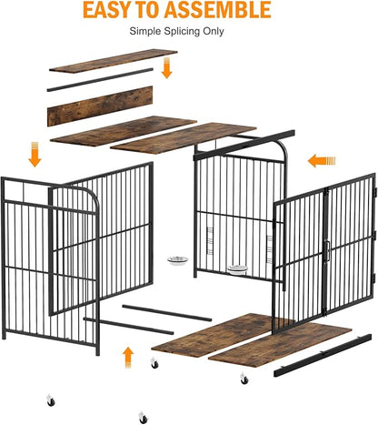 Dog Crate Furniture, Dog Crates Side End Table Indoor, Wooden Dog Kennel with Adjustable Height and 360° Rotating Feeder, Decorative Dog Crate Furniture for Large Dogs (48" L x 29.92" W x 44.29" H)
