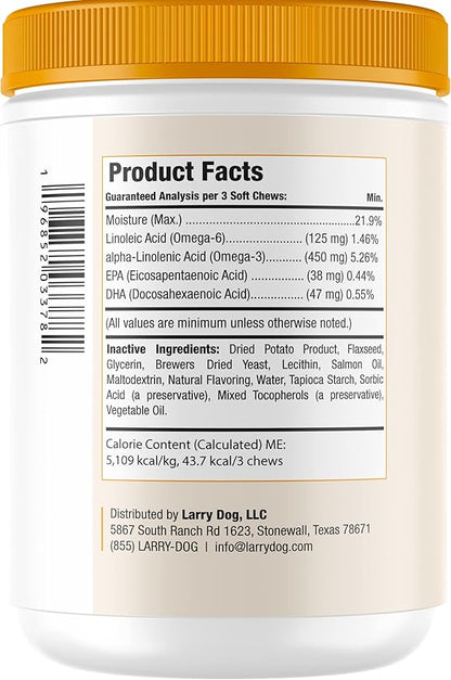 Salmon Oil for Dogs Skin and Coat by Larry | Dog Supplements for Itchy Skin & Allergy Relief | Omega 3, 4, DHA, & EPA for Skin, Coat, Bone, & Joint Health | for All Breeds & Sizes, (120 Soft Chews)