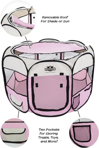 Pet Playpen - 38x24 Pop-Up Dog Kennel with Carry Bag - Portable Play Pen for Dogs, Cats, Rabbits, and Small Animals up to 25lbs by PETMAKER (Pink)