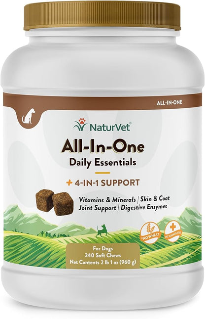 NaturVet All-in-One Dog Supplement - for Joint Support, Digestion, Skin, Coat Care – Dog Multivitamins with Minerals, Omega-3, 6, 9 – Wheat-Free Vitamins for Dogs – 240 Soft Chews