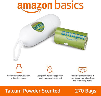 Amazon Basics Dog Poop Bags with Dispenser and Leash Clip, Talcum Powder Scented, 13 x 9 Inches - 270 Count (15 Bags per Roll, 18 Rolls)