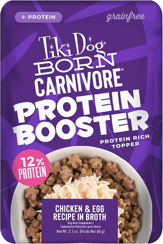 Tiki Dog Born Carnivore Protein Booster Dog Food Topper, Chicken and Egg Recipe in Broth, 2.1 oz. Pouch (12 Count)
