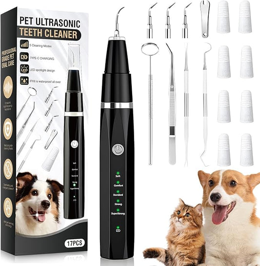 Ultrasonic Tooth Cleaner for Dogs, Dog Teeth Plaque Remover Pets Dental Care Scaler Tartar Stains Electric Cleaning Kit Finger Toothbrush Rechargeable 5 Cleaning Modes 4 Heads with LED Light (Black)