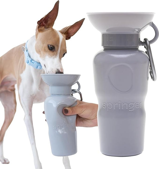 Springer Dog Water Bottle | Portable Travel Water Bottle Dispenser For Dogs - As Seen on Shark Tank | Patented, Leak-Proof Bottles Fill Bowl With Water - Ideal for Walking | BPA-Free 22oz Gray
