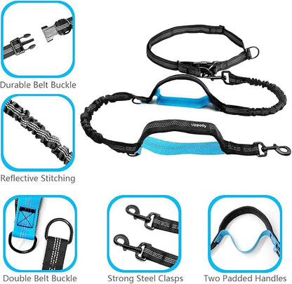 Hands Free Dog Running Leash with Adjustable Waist Belt, Dual Handle Elastic Bungees Retractable Rope for Medium and Large Dogs, Reflective Stitches for Walking Hiking Biking