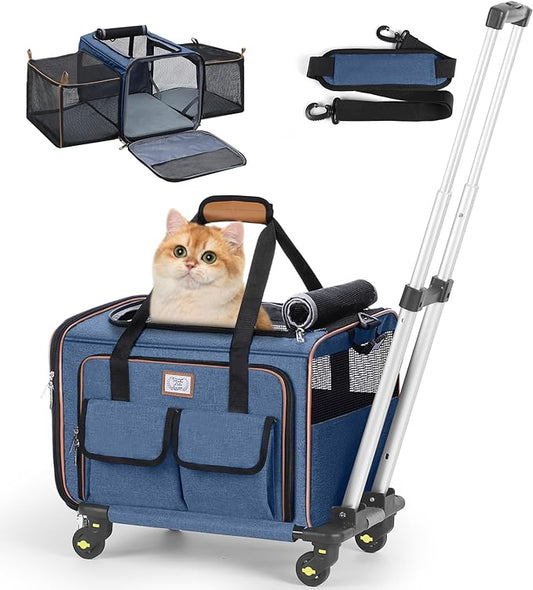 Lekereise Airline Approved Cat Dog Carrier with Wheels Expandable Rolling Pet Carrier for Medium Dogs and Cats Under 15 25LBS, Pet Travel Carrier on Wheels, Blue