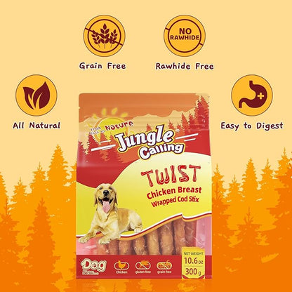 Jungle Calling Rawhide Free Healthy Treats for Dogs, Chicken Wrapped Cod Sticks Dog Treats, Soft Chewy Treats for Training Rewards, 10.6 oz (Chicken)