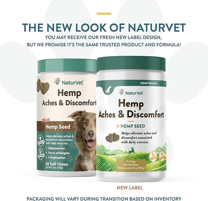NaturVet Hemp Aches & Discomfort Plus Hemp Seed for Dogs, 60 ct Soft Chews, Made in The USA