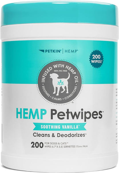 Petkin Hemp Pet Wipes for Dogs and Cats - with Hemp Oil & Soothing Vanilla Scent, 200 Count - Soothes, Calms & Conditions - Wipes for Pet's Face, Eyes and Body - for Home or Travel