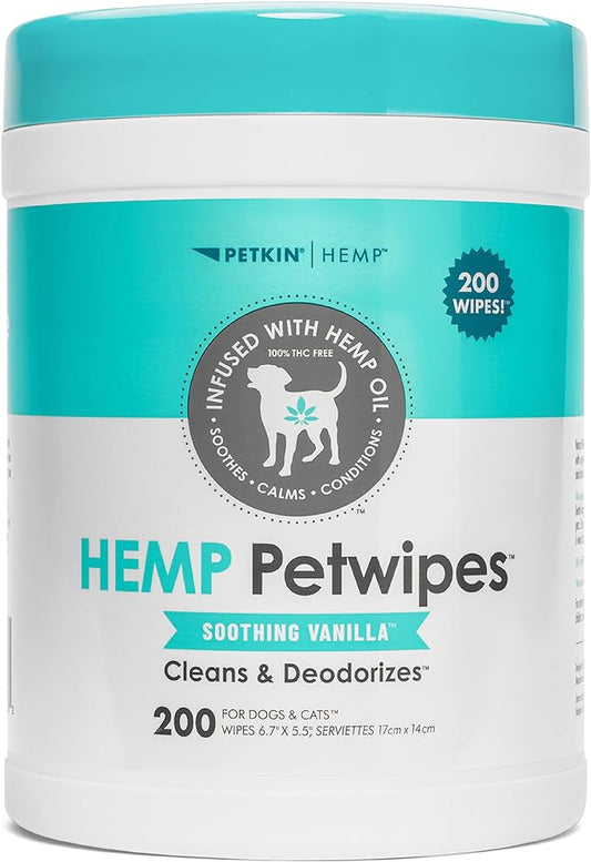 Petkin Hemp Pet Wipes for Dogs and Cats - with Hemp Oil & Soothing Vanilla Scent, 200 Count - Soothes, Calms & Conditions - Wipes for Pet's Face, Eyes and Body - for Home or Travel