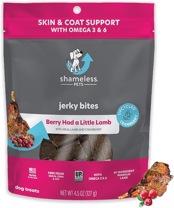 Shameless Pets Jerky Dog Treats, Berry Had A Little Lamb - Healthy Dog Chews for Skin & Coat Support with Omega 3 and 6 - with Real Premium Lamb and Cranberries - Free from Corn & Soy - 1-Pack