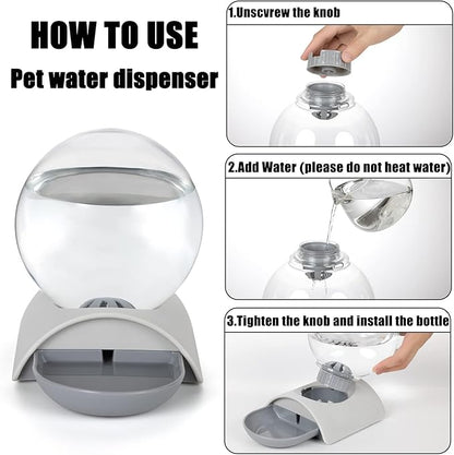 Pet Water Dispenser, 2.8L Automatic Gravity Cat Water Dispenser for Cats, Dogs & Rabbit, Detachable Cat Dog Water Dish Feeder with Spherical Waterer Bubble, Grey
