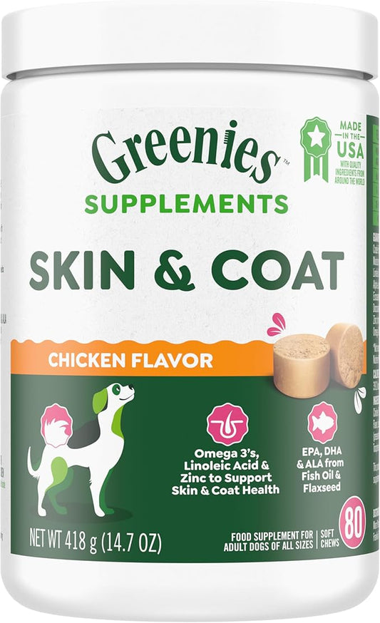 Greenies Supplements Dog Skin and Coat Supplements with Fish Oil & Omega 3 Fatty Acids, Chicken Flavor, 80 Count Soft Chews, 14.7 oz.