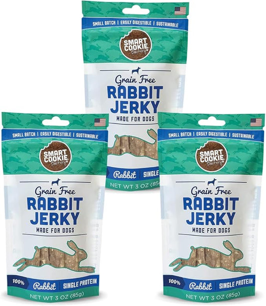 Single Ingredient Rabbit Jerky Dog Treats - Training Treat Strips for Dogs and Puppies with Allergies, Sensitive Stomachs - Dehydrated, 100% Meat, Grain Free, Made in USA - 3oz, Pack of 3
