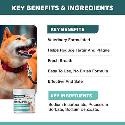 Dental Wipes for Dogs and Cats - No Brush Formula; Improve Oral Hygiene and Health; Freshen Breath; Fresh Mint Flavor. 100 Wipes.