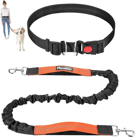 Pawaboo Hands-Free Dog Leash with Waist Belt, Elastic Dog Waist Leash with Wider Belt, Reflective Dog Running Belt Absorbing Shock, Durable Padded Handle Bungee Leash for Dogs (25-150 lbs, Black)