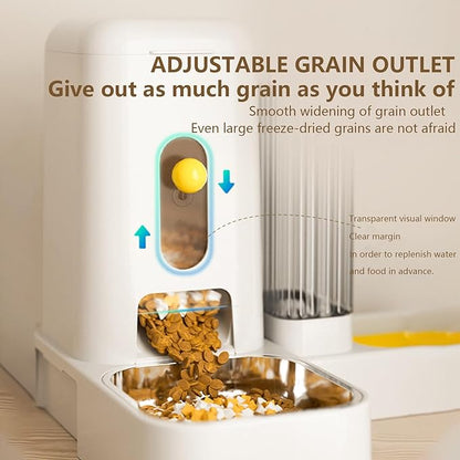 Dog Cat Feeder and Water Dispenser Set 2 in 1, Gravity Pet Feeder and Water Dispenser Set 2.6L with Stainless Steel Bowls, Travel Supply Feeder and Water Dispenser for Pets (White)