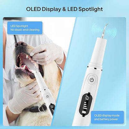 AAU Dog Plaque/Tartar Remover for Teeth - Rechargeable Safe Pets Ultrasonic OLED Screen Tooth Brushing Kit for Canine/Cat/Dog Teeth Cleaning, with Canident Dog Tartar Remover, 3 Replacement Heads