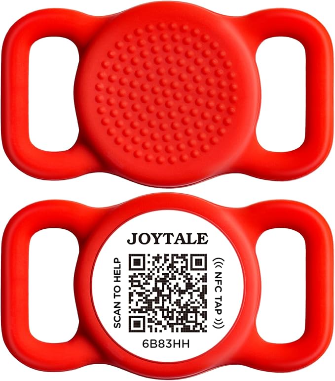 Joytale [ NO APP Required ] Silent Silicone QR Code Dog Tag, Slide On Dog Tags for 3/8-5/8 Inch Wide Collars or Vest, NFC Pet Online Profile, Scan QR to Send Location Alert Email, Red, S