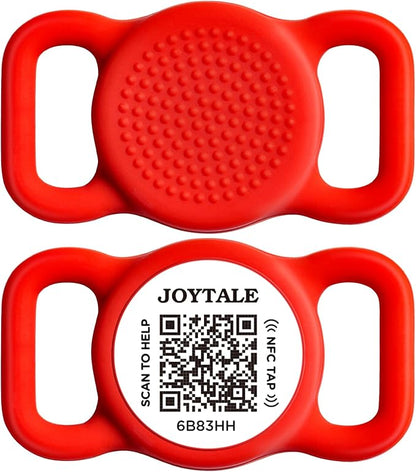 Joytale [ NO APP Required ] Silent Silicone QR Code Dog Tag, Slide On Dog Tags for 3/8-5/8 Inch Wide Collars or Vest, NFC Pet Online Profile, Scan QR to Send Location Alert Email, Red, S