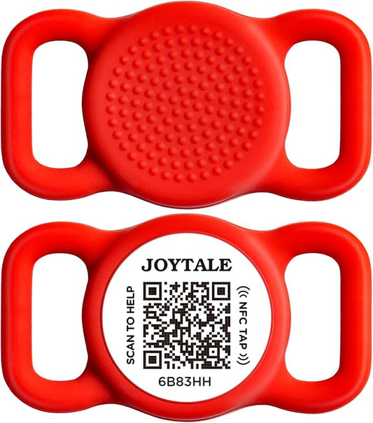 Joytale [ NO APP Required ] Silent Silicone QR Code Dog Tag, Slide On Dog Tags for 3/8-5/8 Inch Wide Collars or Vest, NFC Pet Online Profile, Scan QR to Send Location Alert Email, Red, S