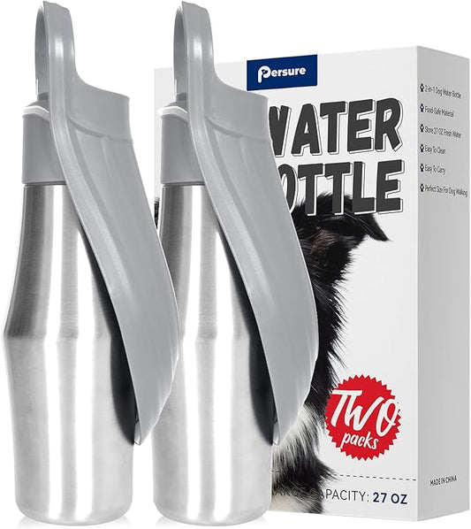 Dog Water Bottle, Portable Dog Water Bottle Dispenser - 27 OZ Stainless Steel Leak-Proof Water Bottle for Dogs On The Go, Perfect for Travel, Walking, Hiking and Outdoor Activities (2-Pack Gray)