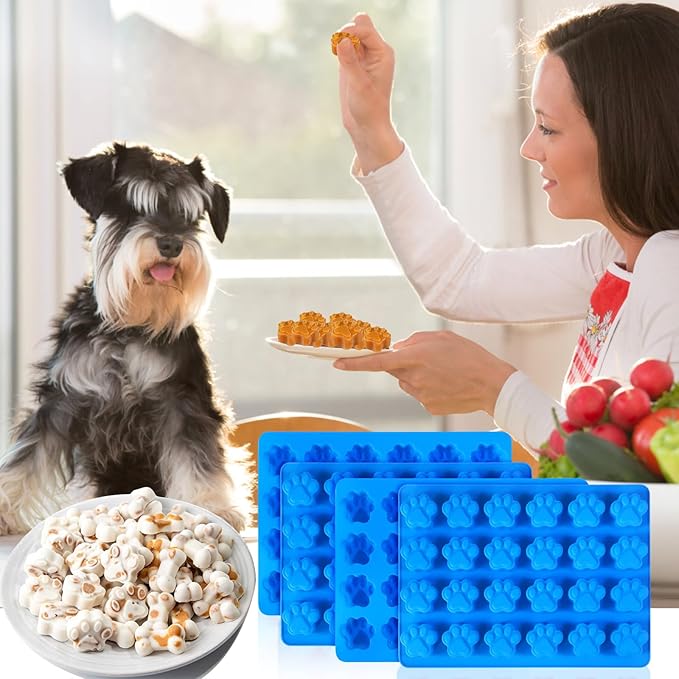 4Pcs Puppy Dog Paw Bone Silicone Mold for dog treats, Non-Stick Food Grade Silicone Molds for frozen treats, Baking Mold for Jelly, Candy, Chocolate,Ice Cube, Dog Snack Biscuits