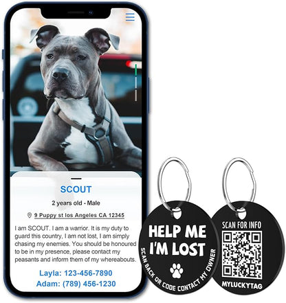 MYLUCKYTAG Stainless Steel QR Code Pet ID Tags Dog Tags - Pet Online Profile - Scan QR Receive Instant Pet Location Alert Email