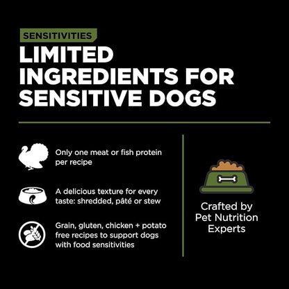 GO! SOLUTIONS Sensitivities Limited Ingredient Wet Dog Food - Grain Free Shredded Turkey Recipe - Complete & Balanced Nutrition for All Life Stages, 12.5 oz