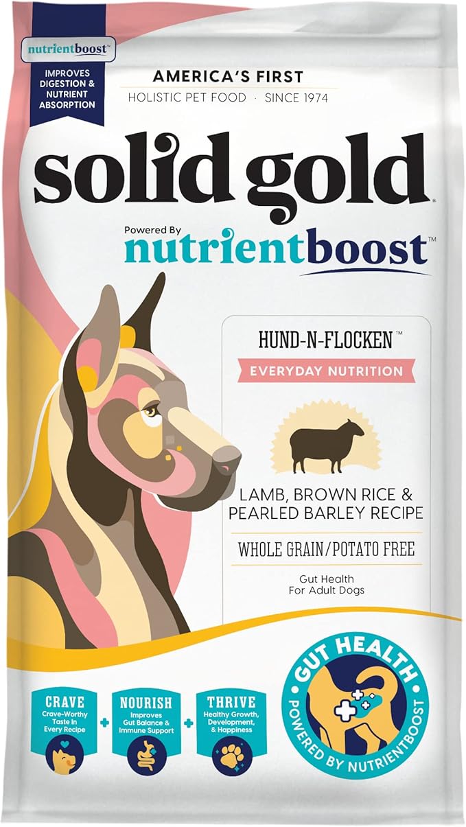 Solid Gold Dry Dog Food for Adult & Senior Dogs - Made with Real Lamb & Brown Rice - NutrientBoost Hund-N-Flocken Healthy Dog Food for Weight Management & Better Digestion - 22 LB Bag