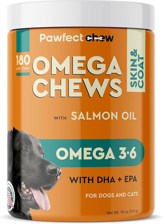 Fish Oil Omega 3 for Dogs - Allergy Relief - Itchy Skin Relief, Shedding, Seasonal Allergies - Skin and Coat Supplement - Made in USA - Salmon Oil Chews