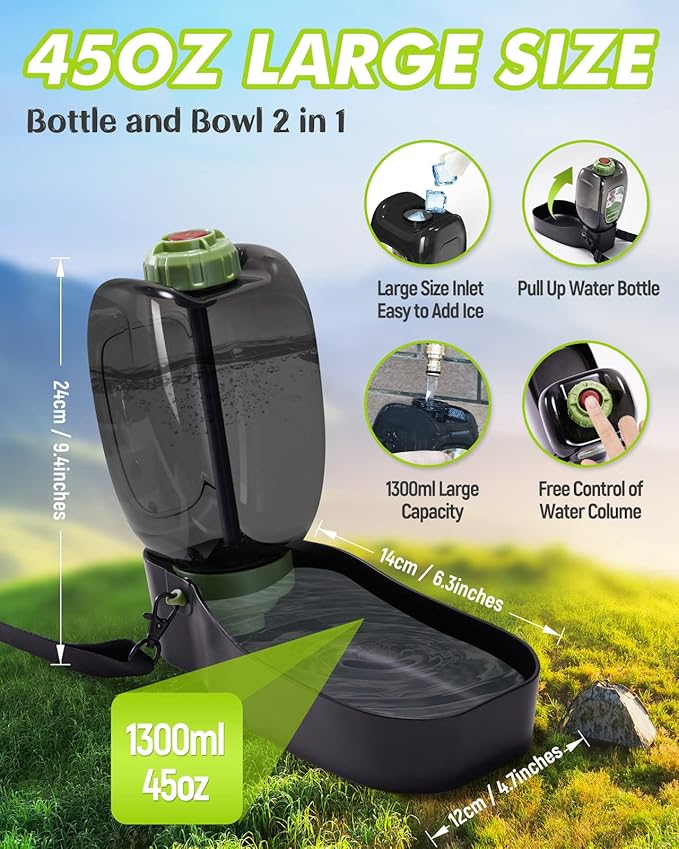 Dog Water Bottle, 45 oz Leak Proof Portable Pet Water Dispenser for Dogs, Foldable Dog Water Bottle with Water Bowl, Large Size Dog Travel Water Bottle for Dogs Hiking, Training - Green