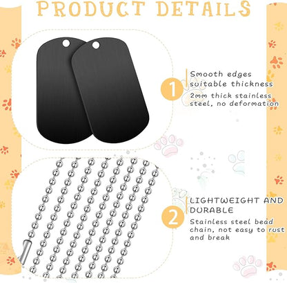 20 Pieces Military Dog Tags Set Including 10 Stainless Steel Army Blank Dog Tag 10 Steel Chain Personalized Pets Tags Oval Pendant Necklace for Stamping Engraving DIY Craft(Black)
