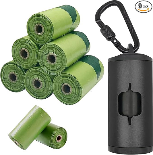 Metal Dog Poop Bags Holder Aluminum Poo Bags Dispenser with Pet Waste Bags 3 Leash Clasp and Elastic Rope for Used Bags(1 Holder 135 Bags,Black)