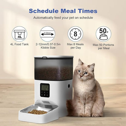 Automatic Cat Feeder, Cat Food Dispenser with 10s Voice Recorder, Pet Feeder up to 8 Meals per Day, Timed Cat Feeder with Dry Food Sealed Ring(White, 4L)